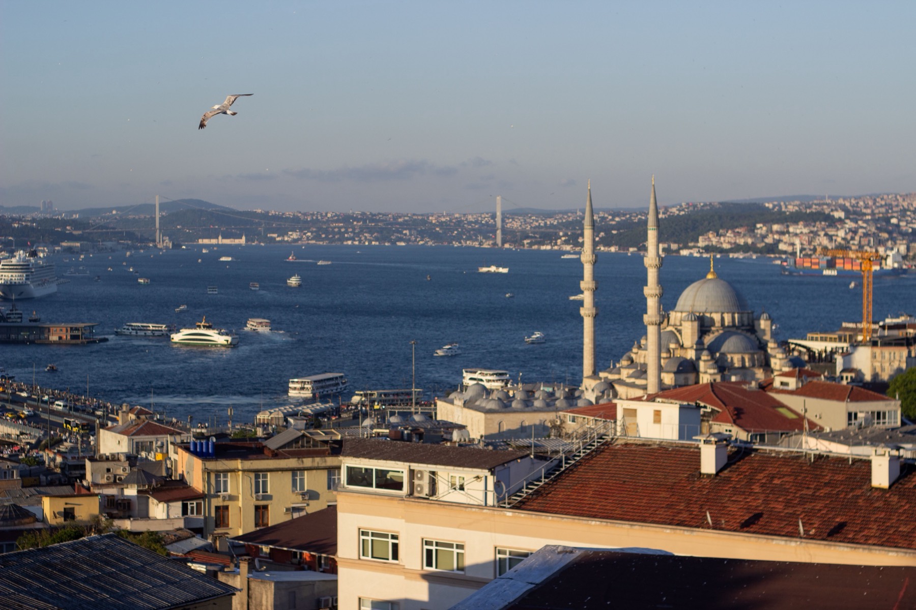 Istanbul rooftops, the Yeni Cami and the Bosphorus in late afternoon light