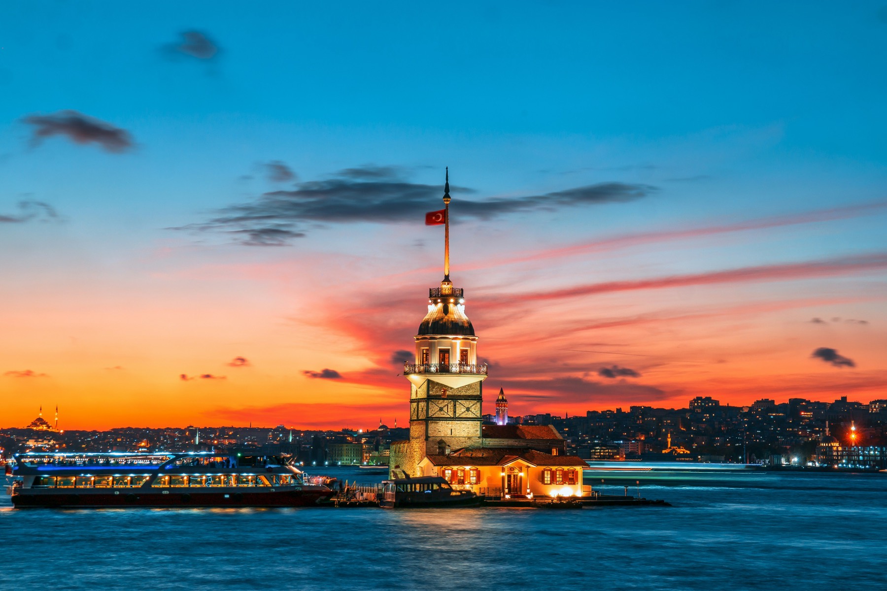 The Maiden's Tower on the Bosphorus at sunset, old city skyline behind